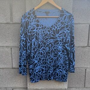 Talbots Blue Cotton Rayon Abstract Floral Button Up Cardigan Lightweight XL